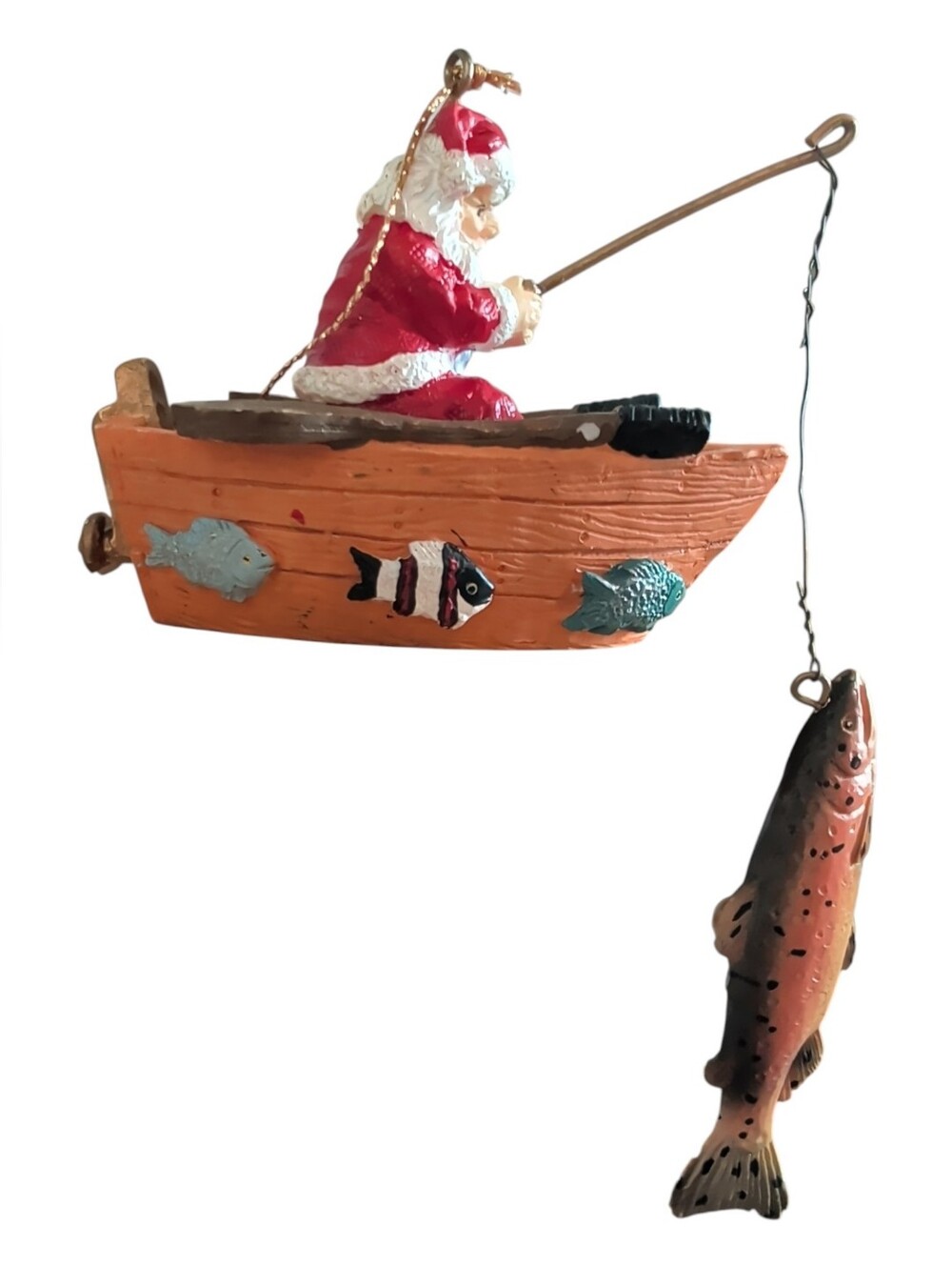 Santa Fishing Boat Ornament - Orange, Red & Blue